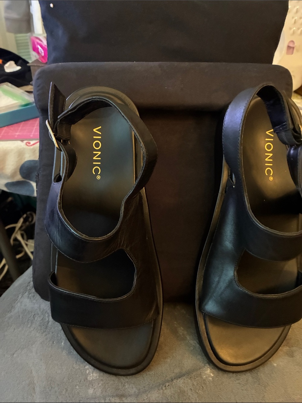 NWOT Vionic Madera Women’s Slingback Black Leather 2Strap orthotic Sandals